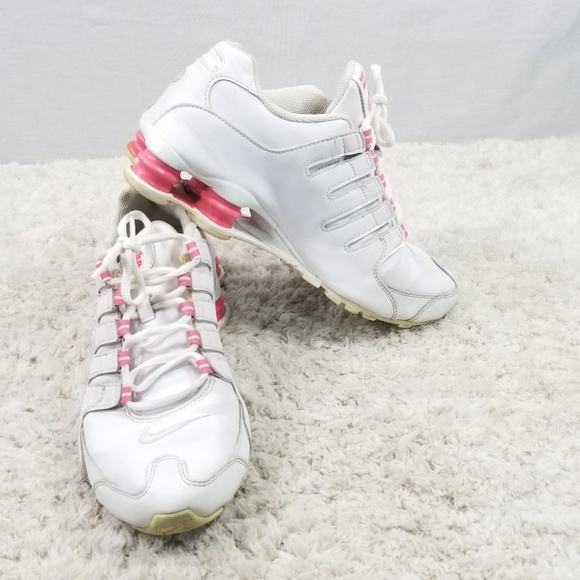 white and pink nike shox